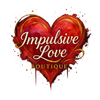 Image of Impulsive Love Boutique logo cursive letters superimposed over a romantic paint splatter heart with red and gold tones